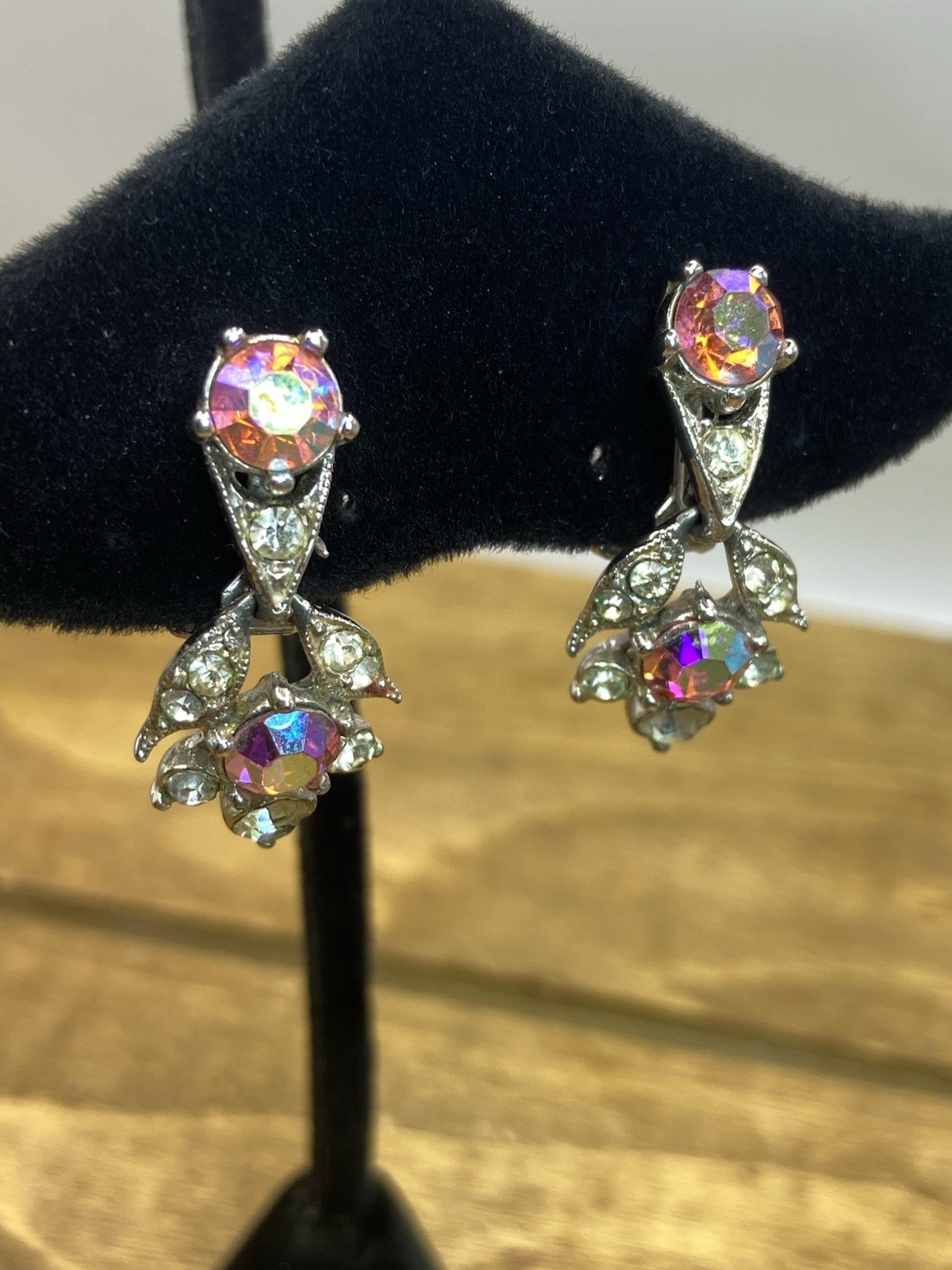 Vintage 1950s Bogoff Signed Pink AB Rhinestone Silver Tone Clip On Earrings 1”