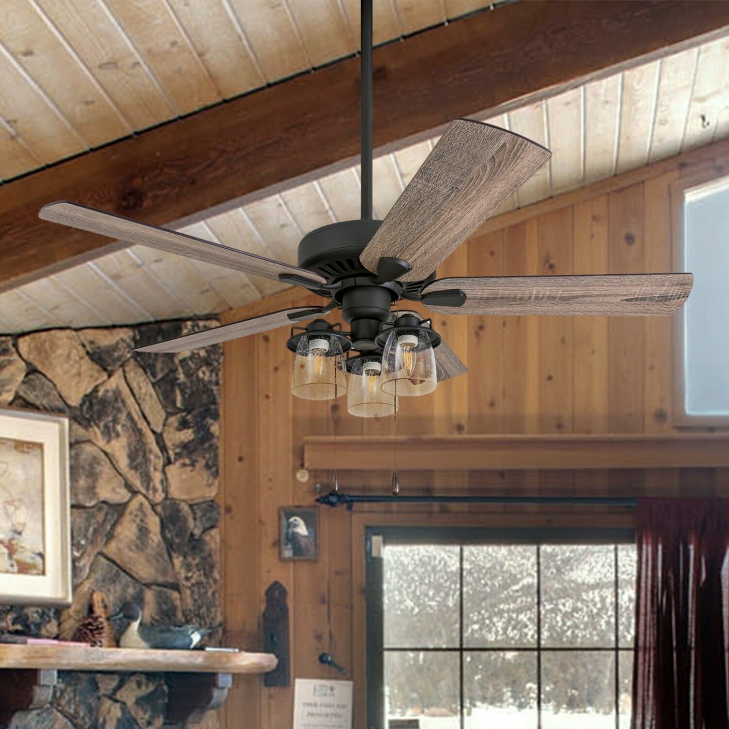Rustic Farmhouse Style Aged Bronze LED Lighted Ceiling Fan - 5 Blade 52in