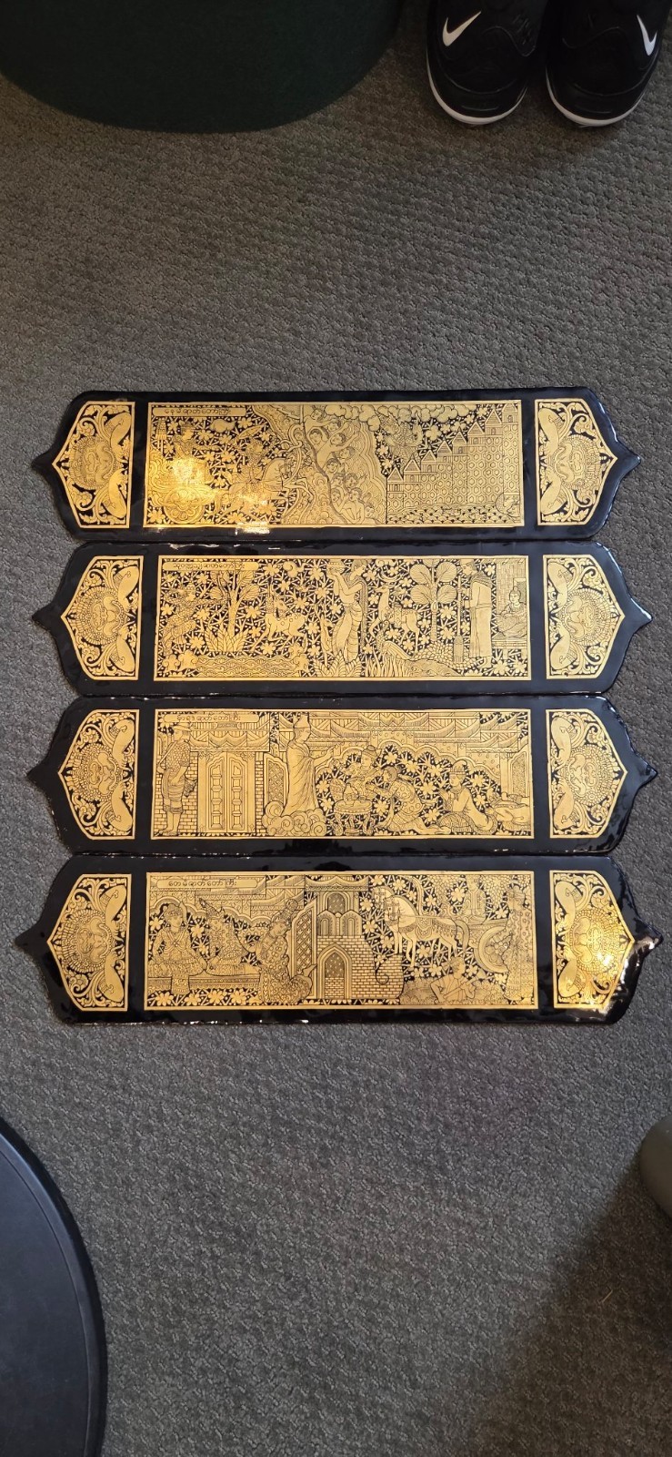 Vintage Burmese Lacquer Panels Set of 4 Gold Gilt Black Narrative Wall Art Vintage Burmese Lacquer Panels Set of 4 Gold Gilt Black Narrative Wall Art