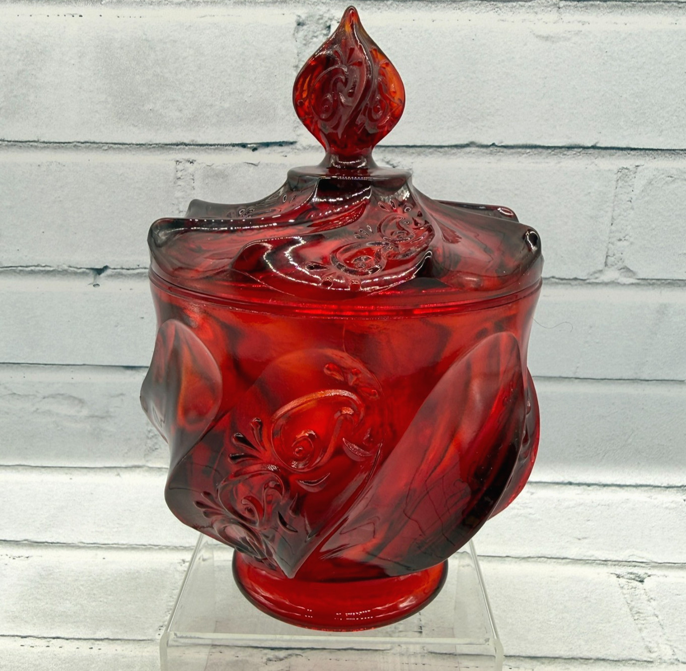 Fenton Paisley Swirl Lidded Candy Dish Red Amberina Art Glass Cadmium Glow 1990s