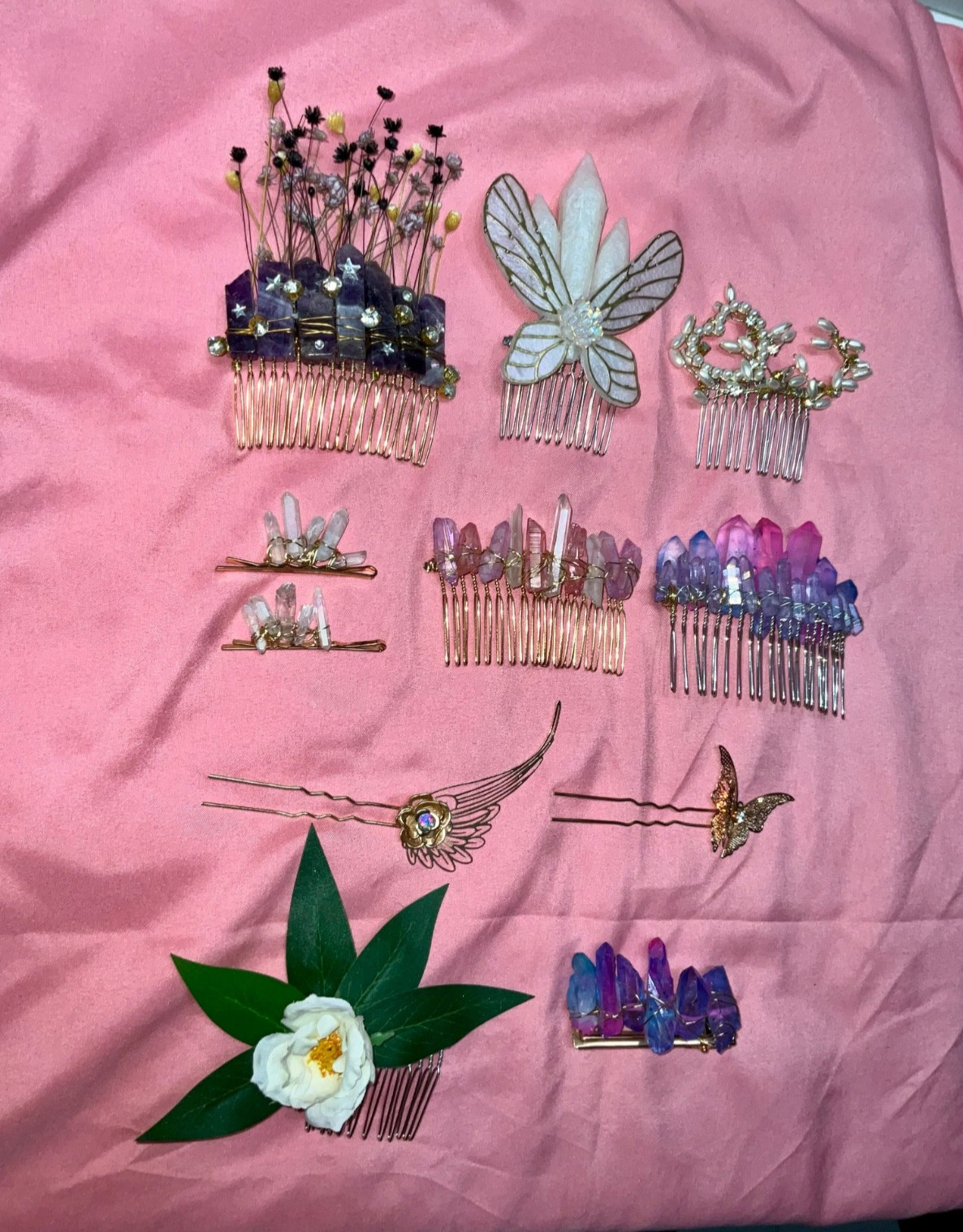 11 Pc Handmade Crystal Crown Hair Accessories Combs Pins Bridal Fairy Boho