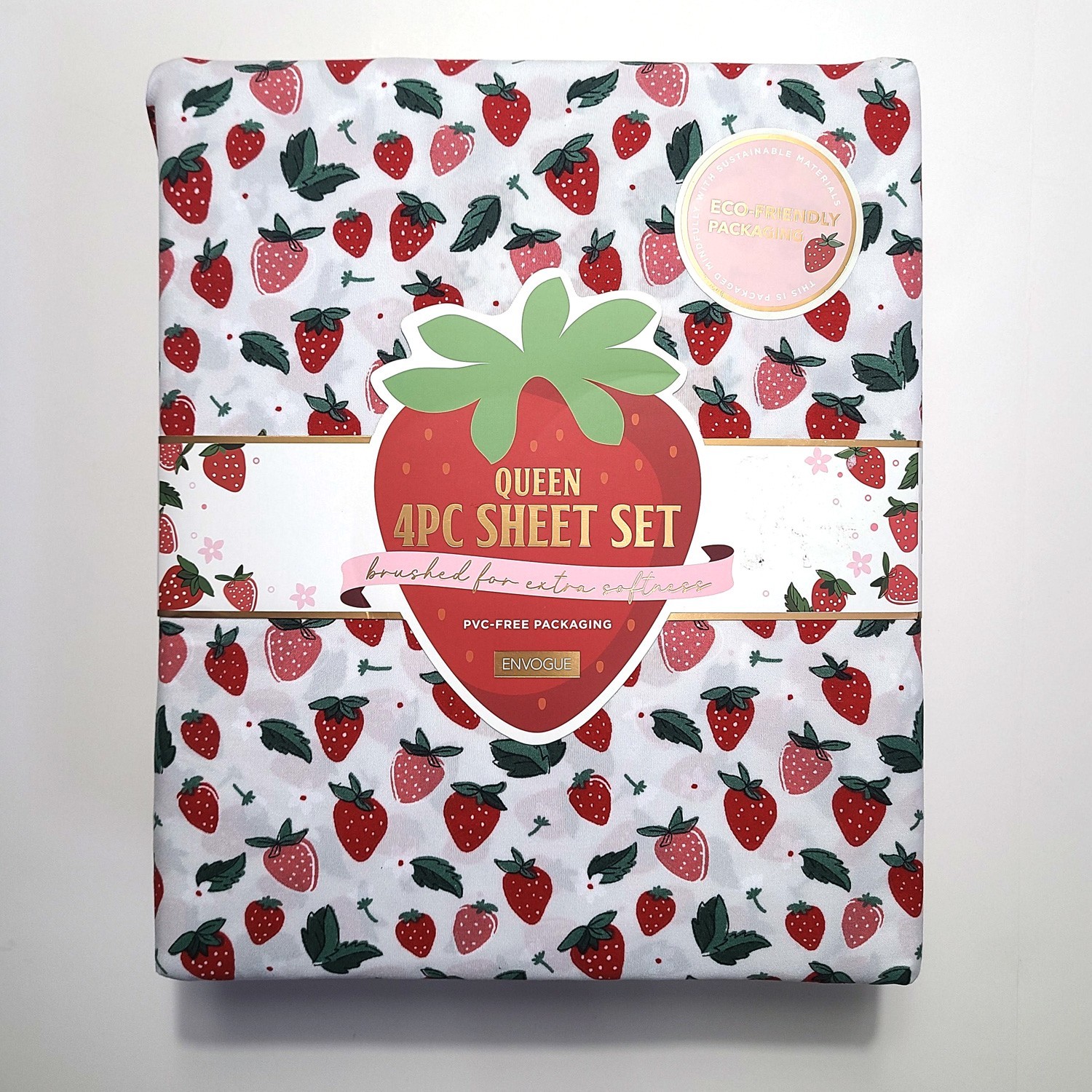 Envogue Strawberry Queen Sheet Set 4pc Cute Red Pink Soft Bed Sheets Bedding NWT