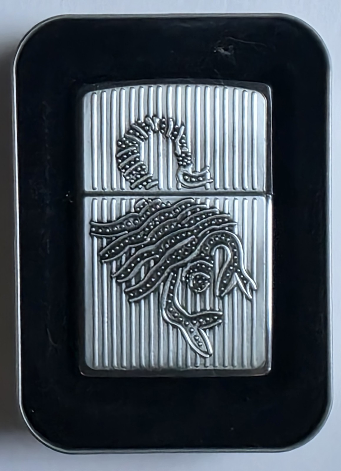 1999 Vintage Unfired Zippo Lighter Silver Tone With A Embossed Scorpion On It