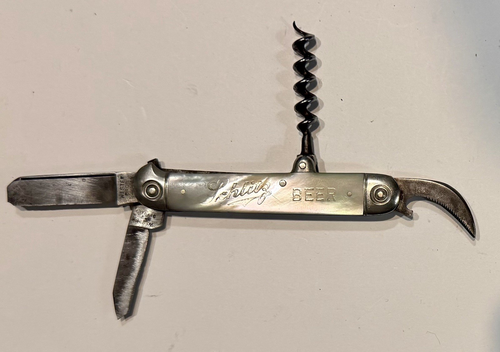 Antique Wester Bros Schlitz Beer Bartender Corkscrew Knife Pearl Handle Solingen