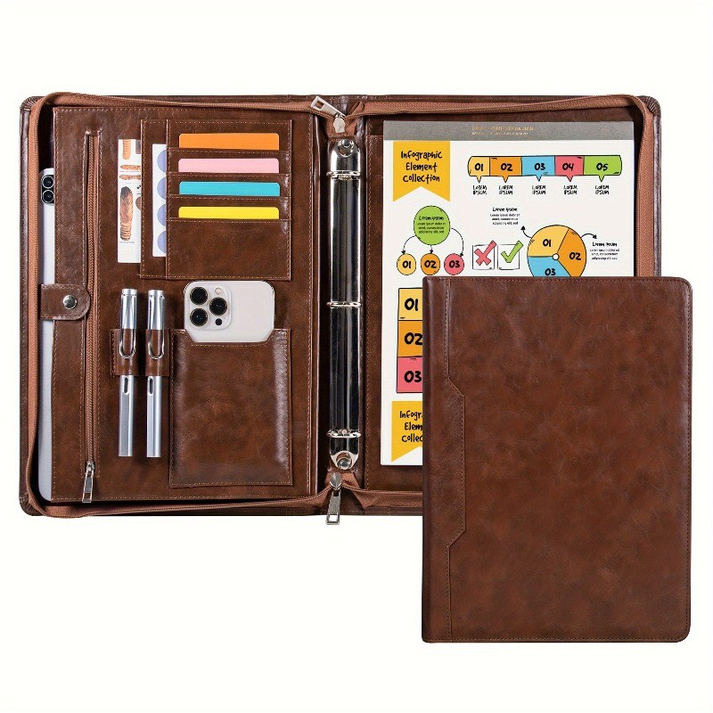 Leather Zippered Padfolio Binder - 3-Ring Business Portfolio Organizer Leather Zippered Padfolio Binder - 3-Ring Business Portfolio Organizer