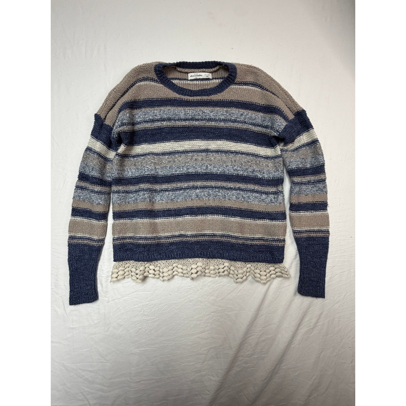 Abercrombie Kids Striped Crochet Lace Trim Knit Sweater Blue Tan Size 11/12 Abercrombie Kids Striped Crochet Lace Trim Knit Sweater Blue Tan Size 11/12