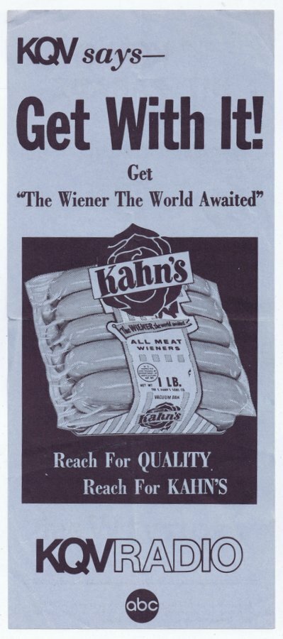 VINTAGE 1969 WQV 14 Pittsburgh Music Survey w/ Kahn\'s Hot Dogs Advertisement