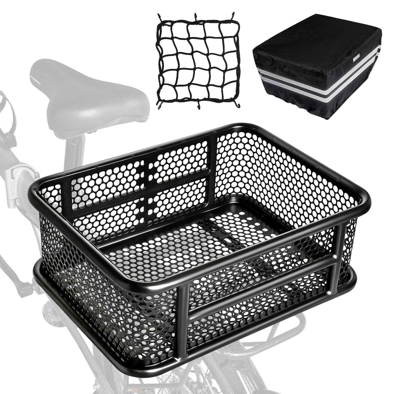 RAYMACE Bike Basket Rear with Reflective Waterproof Cover and Large, BLACK