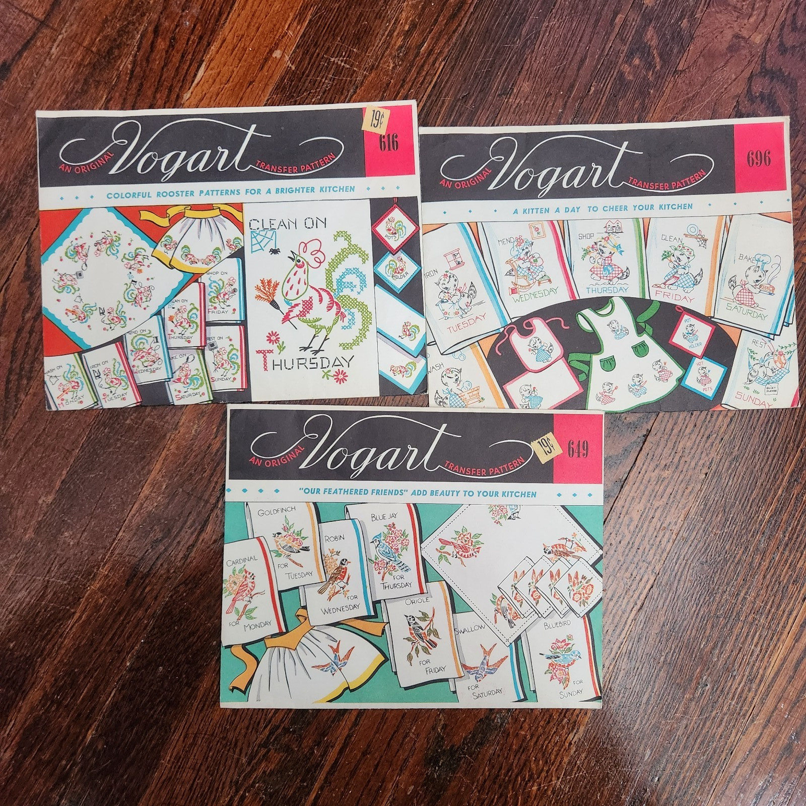 Vtg VOGART  Iron-On Embroidery Transfer Patterns Roosters Birds Kittens 3