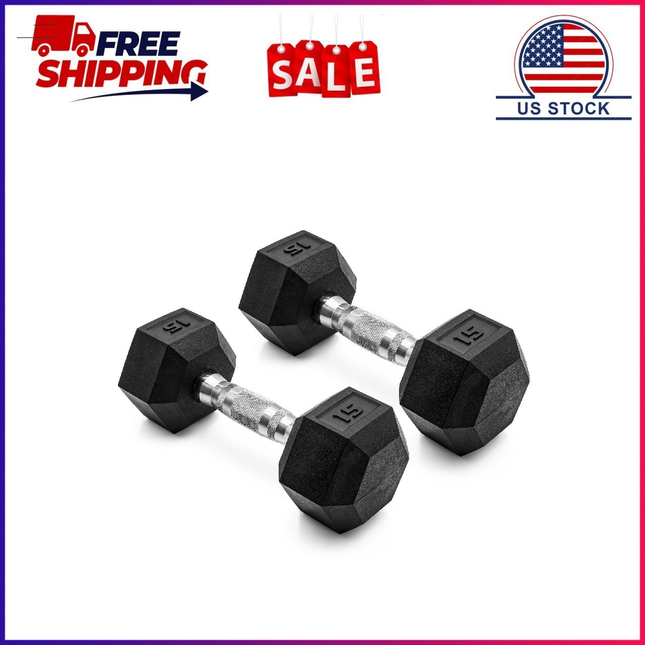 CAP Barbell, 15lb Coated Rubber Hex Dumbbell, Pair (No-Roll Design, Ergonomic St