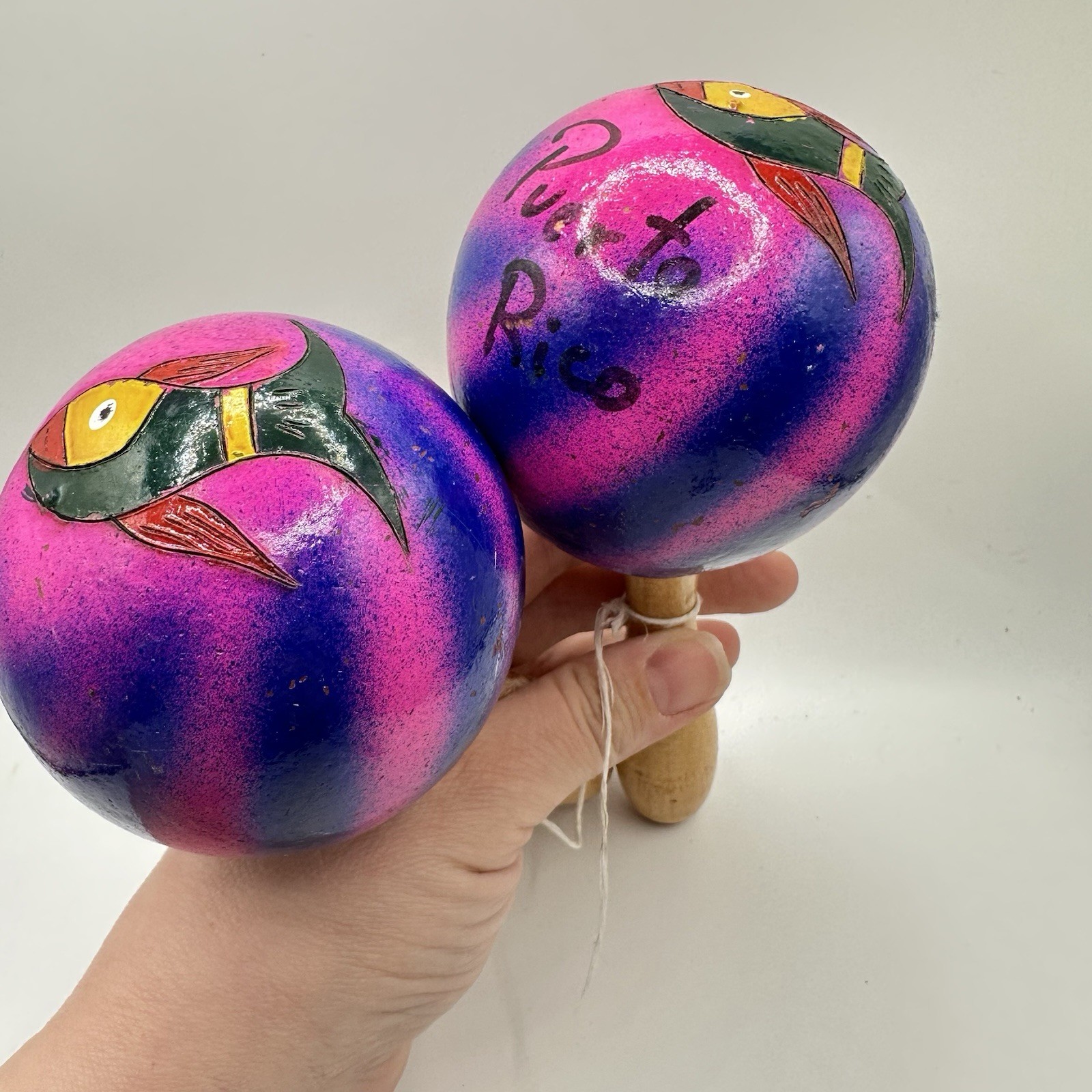 VTG Hand Painted Pink Purple Wooden Maracas Musical Instruments Souvenir Fish