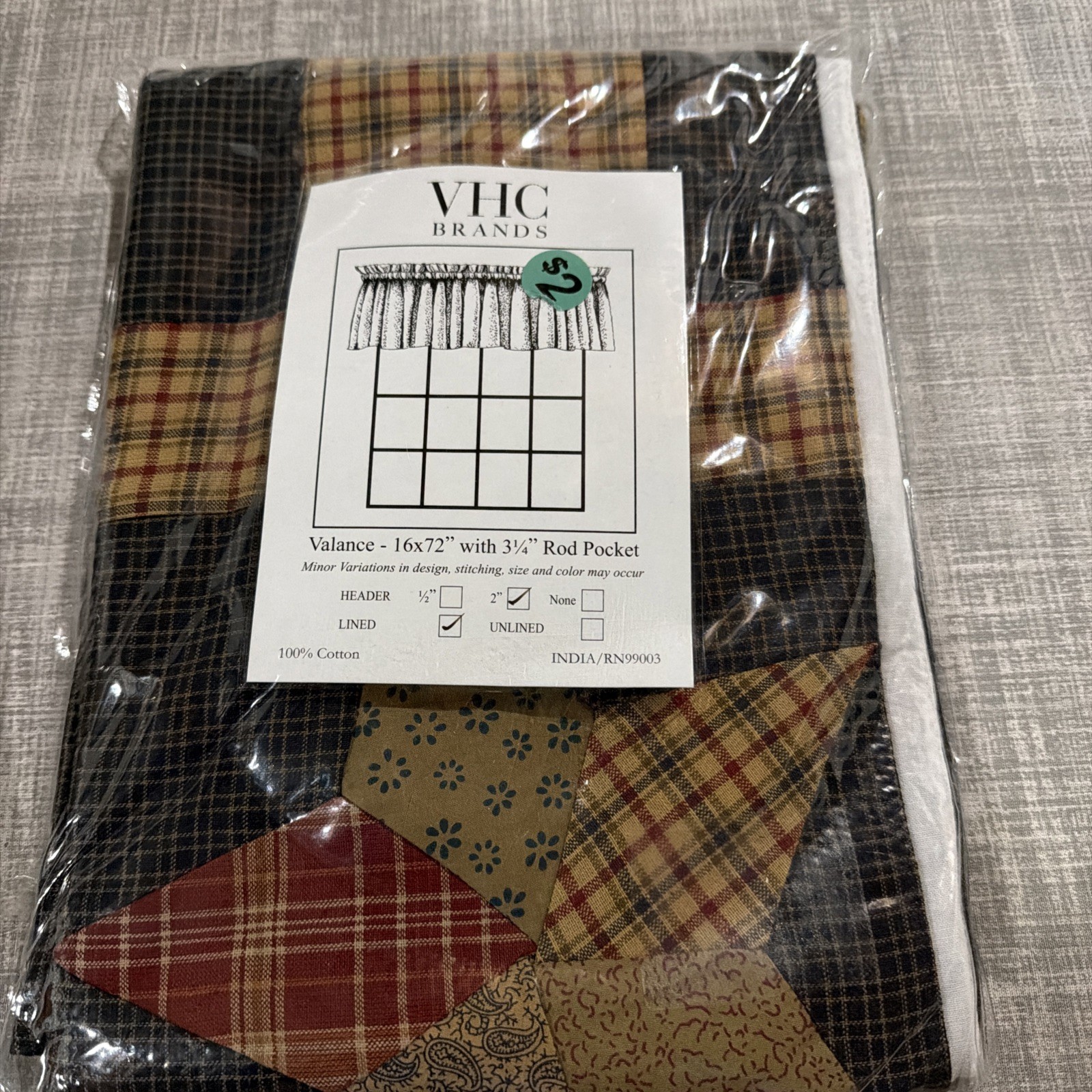 Valance Scalloped 16x72” VHC Brands -Log Cabin Block Border Lined NIP Valance Scalloped 16x72” VHC Brands -Log Cabin Block Border Lined NIP