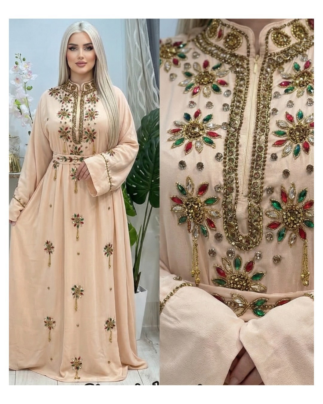 Women’s Moroccan Kaftan Maxi Dress Embroidered Beaded Traditional Eid Wedding