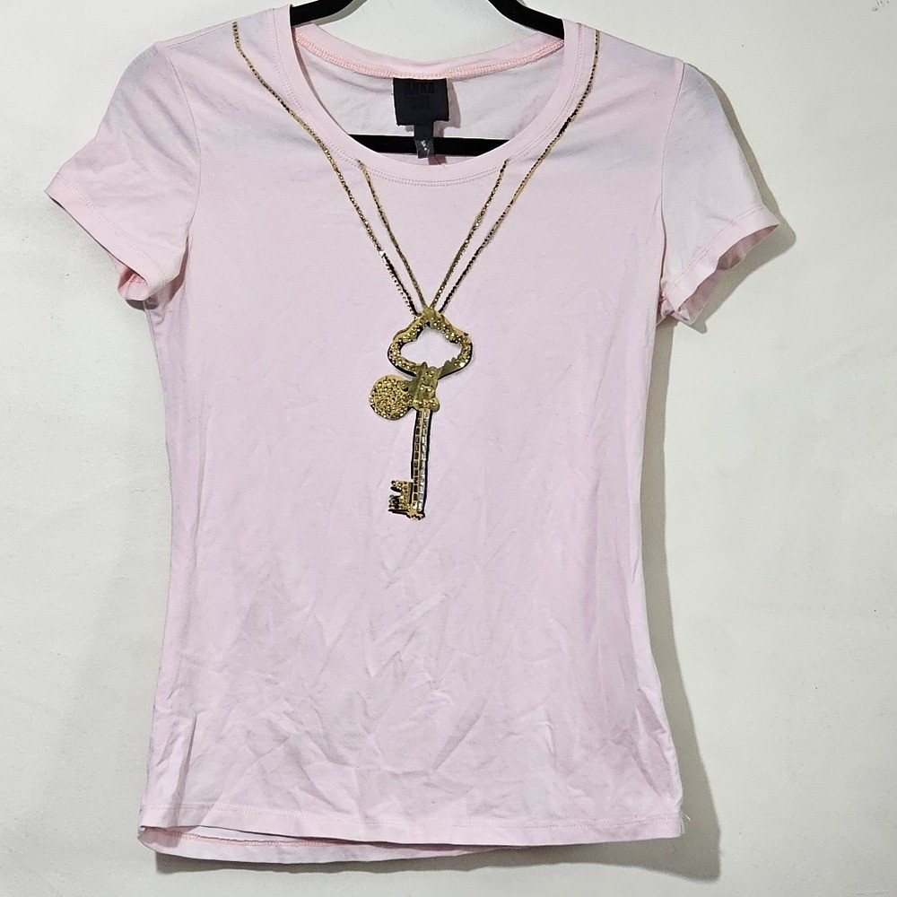 Vintage Anna Sui Y2K Pink Babydoll Tee Short Sleeve Crystals Necklace, sz M