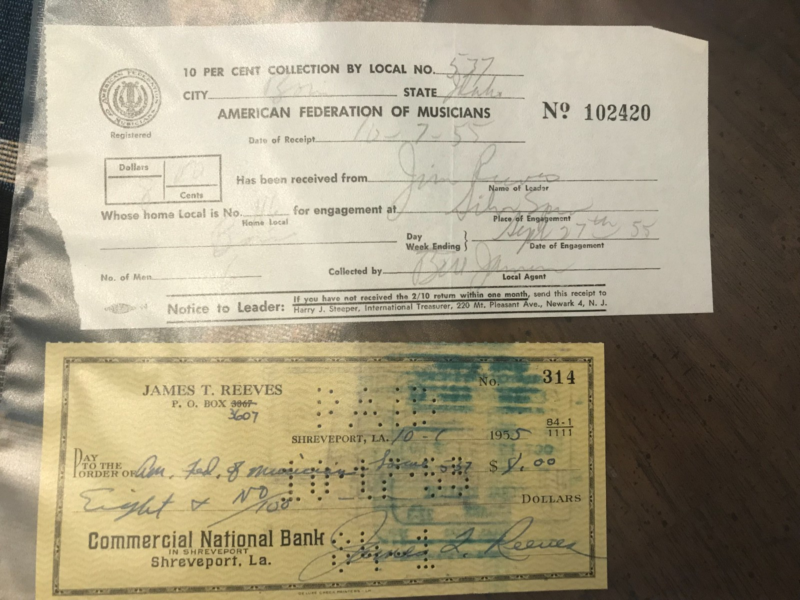 JIM REEVES Signed cancel check American Fed Musicians Receipt 1955 Silver Spur JIM REEVES Signed cancel check American Fed Musicians Receipt 1955 Silver Spur