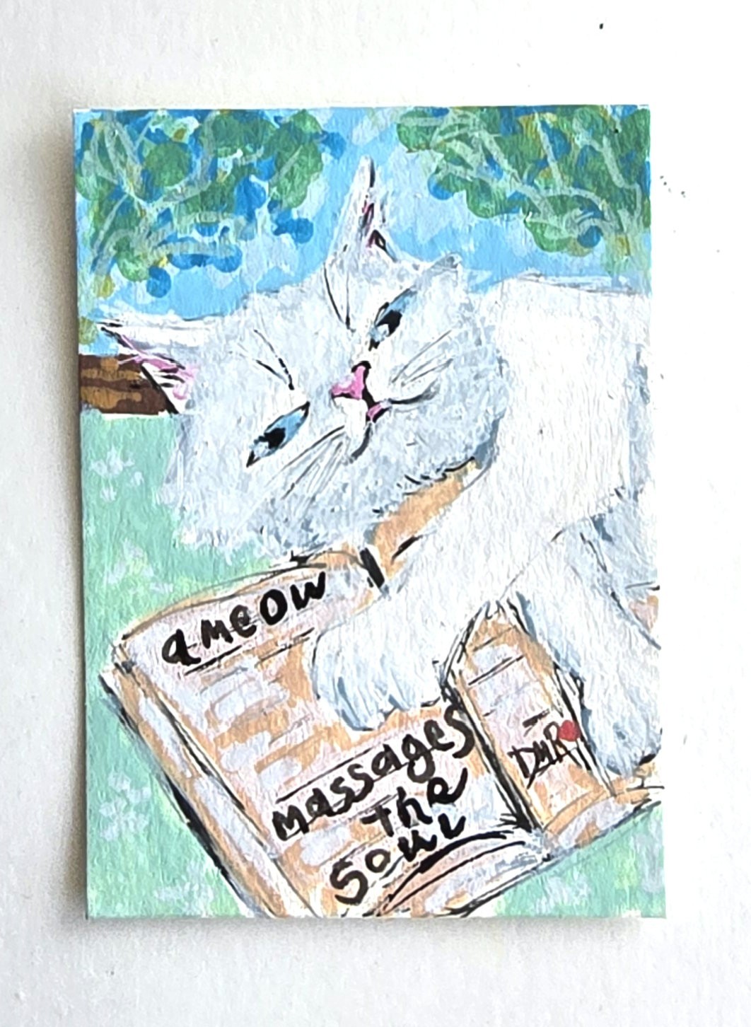 Original ACEO White Cat By Window Open Book Dulce Maria Rico