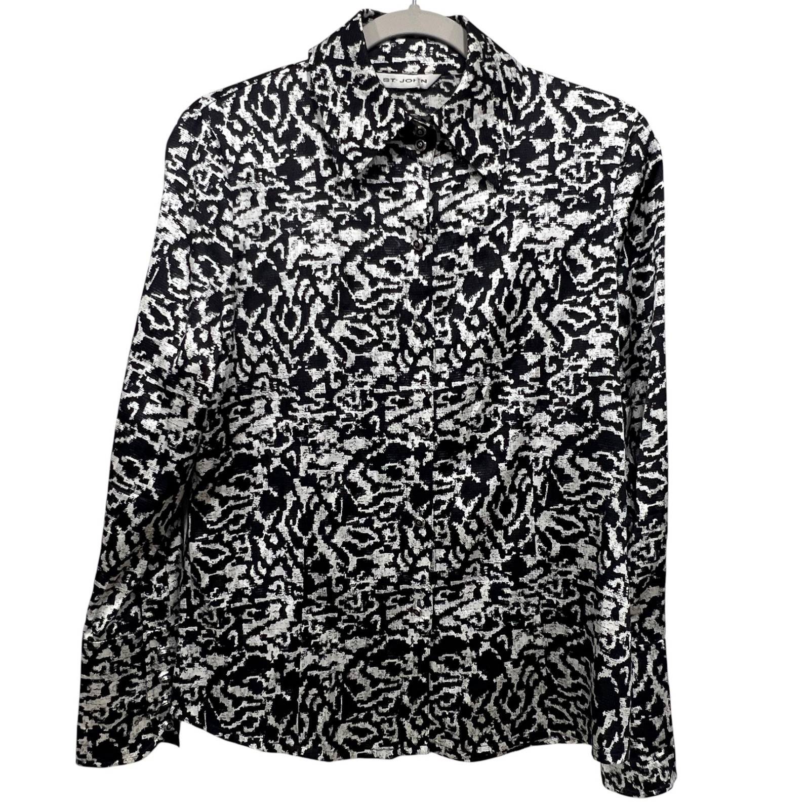 Vtg St John Button Down Silk Blouse Black Animal Print Size M Career Academia