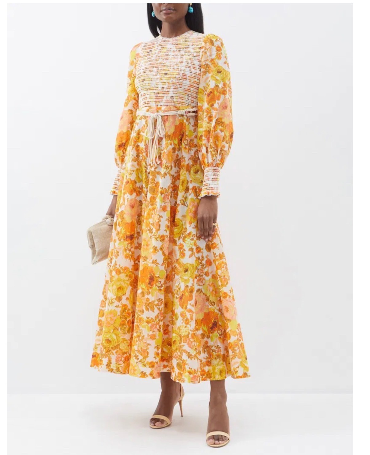 NWT $1125 ZIMMERMANN RAIE Smocked Bodice Midi Floral Dress Yellow/Orange US6