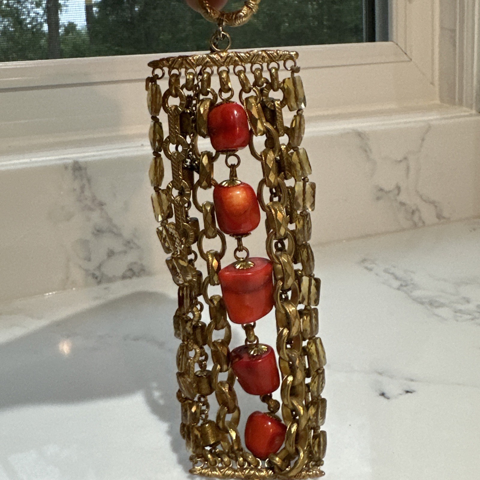 Vtg Stephen Dweck Nine Strand Bronze Link Chain Red Coral Chunk Toggle Bracelet Vtg Stephen Dweck Nine Strand Bronze Link Chain Red Coral Chunk Toggle Bracelet