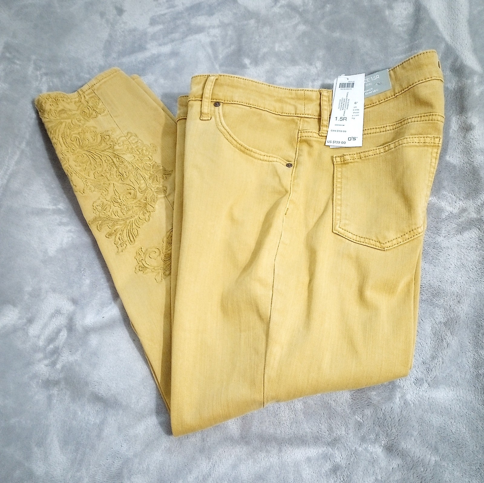 NWT Chico\'s So Slimming Girlfriend Embroidered Jeans Goldenrod 10