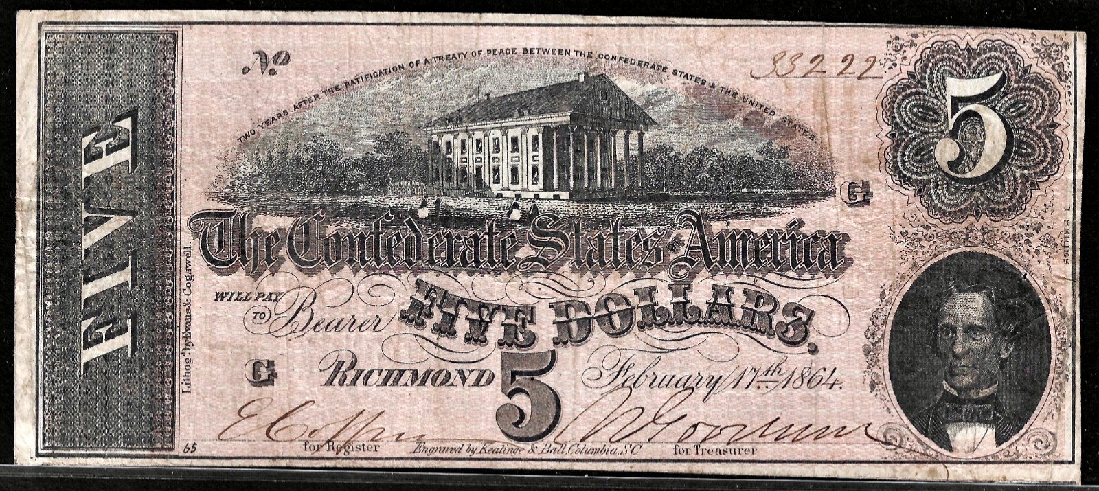 1864 CSA CONFEDERATE STATES AMERICA CURRENCY $5 Dollar Note T-69 PF-3 Cr. 559