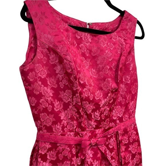 Vintage 60s Pink Jacquard Maxi Sheath Dress Sleeveless Gown with Original Belt