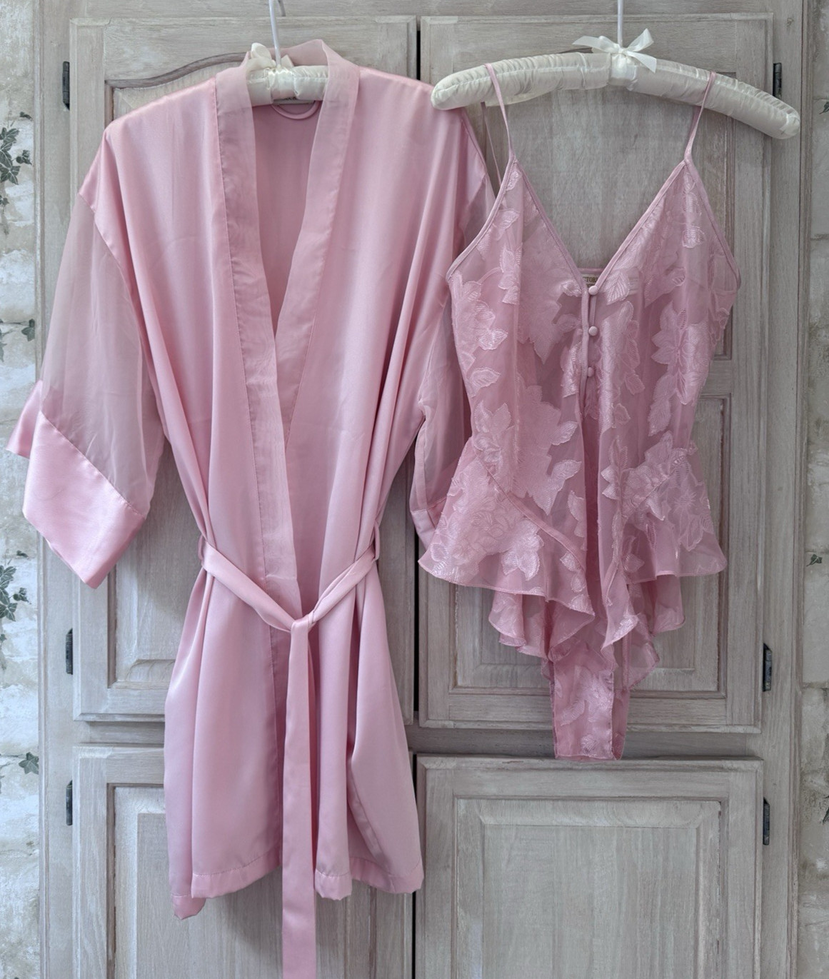 Vintage Victoria\'s Secret Pink Burnout Teddy Bodysuit & Robe Lingerie Set Small