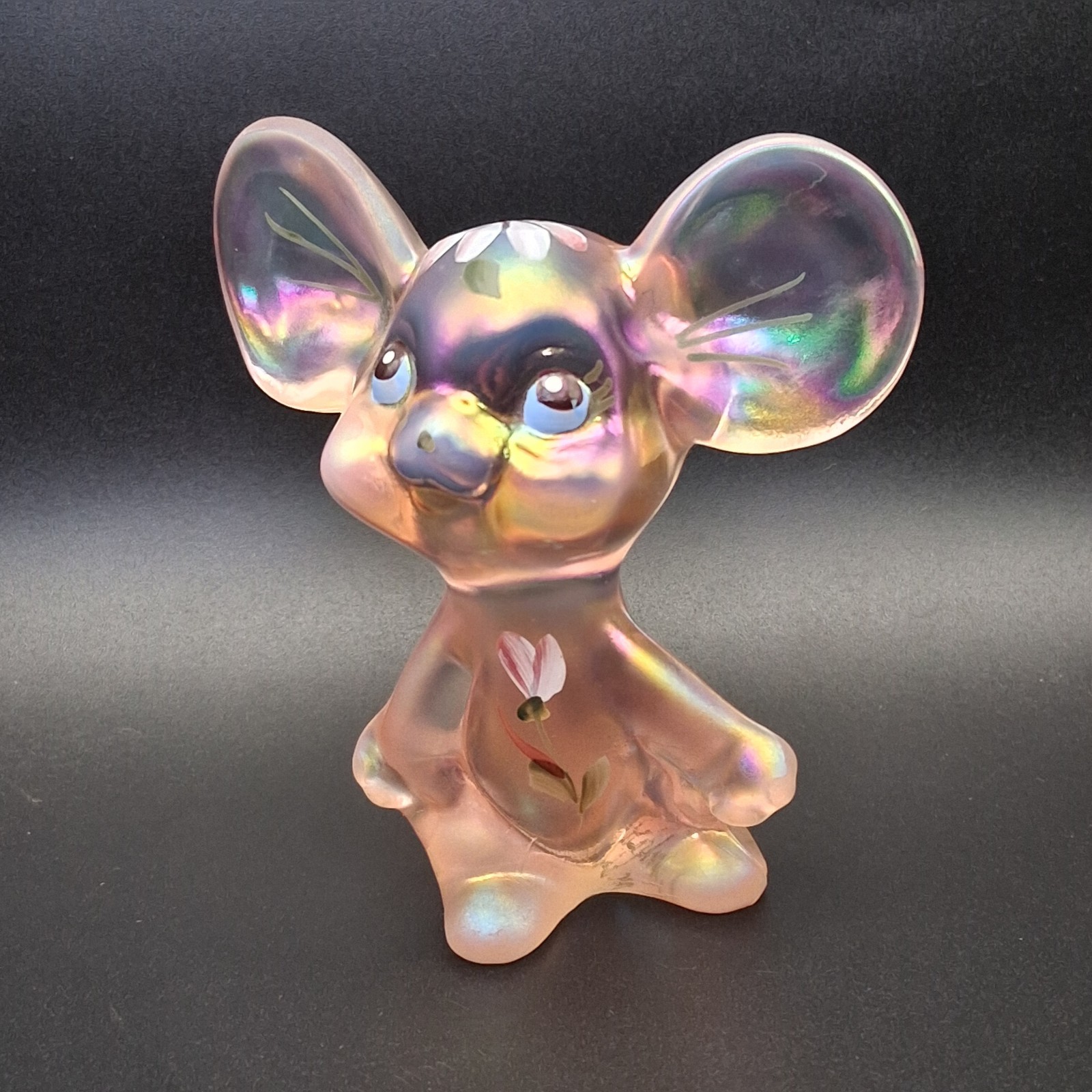 Vintage Fenton Pink opalescent glass Mouse Hand Painted Vtg signed By Artist 