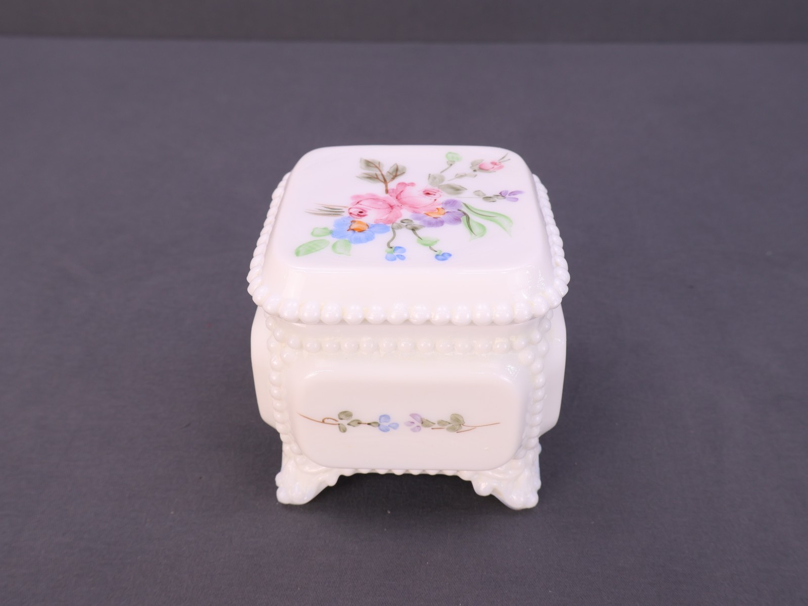 Vintage Westmoreland Milk Glass Hobnail Trinket Box Hand Painted Roses Floral
