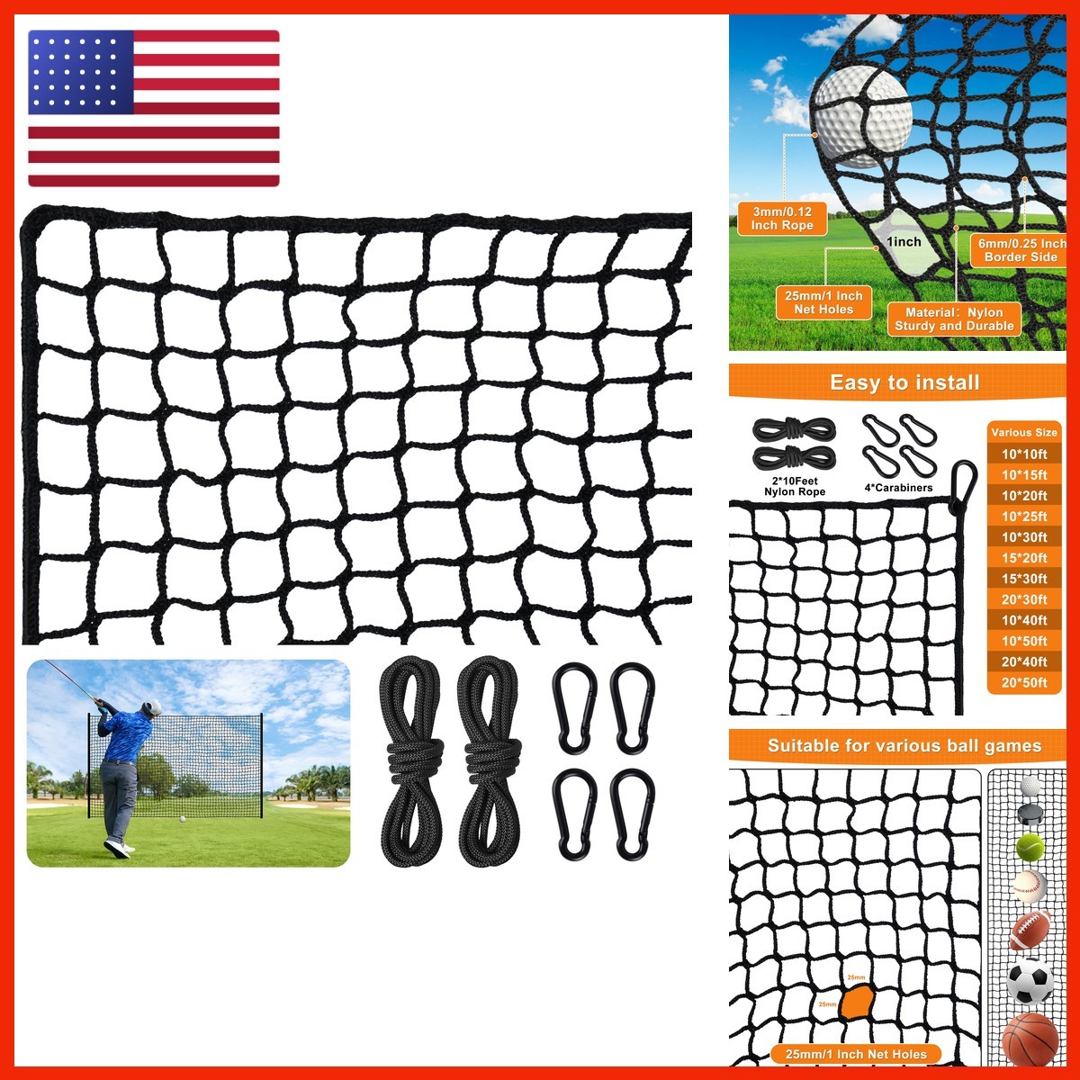 Visupor Nylon Golf Practice Net /50ft Multi-Sport - Size Black 10X20ft Visupor Nylon Golf Practice Net /50ft Multi-Sport - Size Black 10X20ft