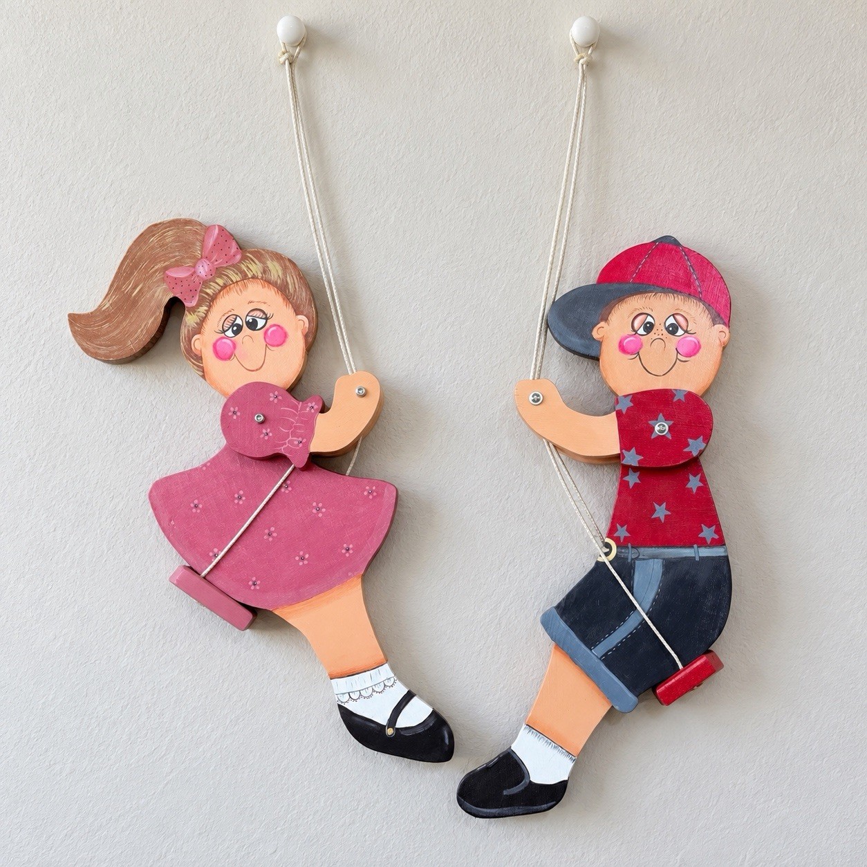 VTG Wooden Wall Ceiling Hangings Boy Girl Set Hand Painted Folk Art Large