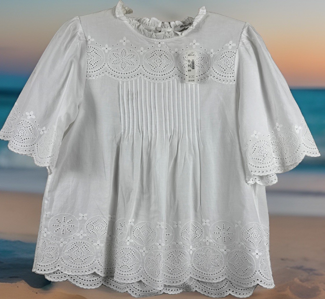 NWT Madewell Eyelet Blouse Small White 100% Cotton Pintuck Ruffle Boho Top