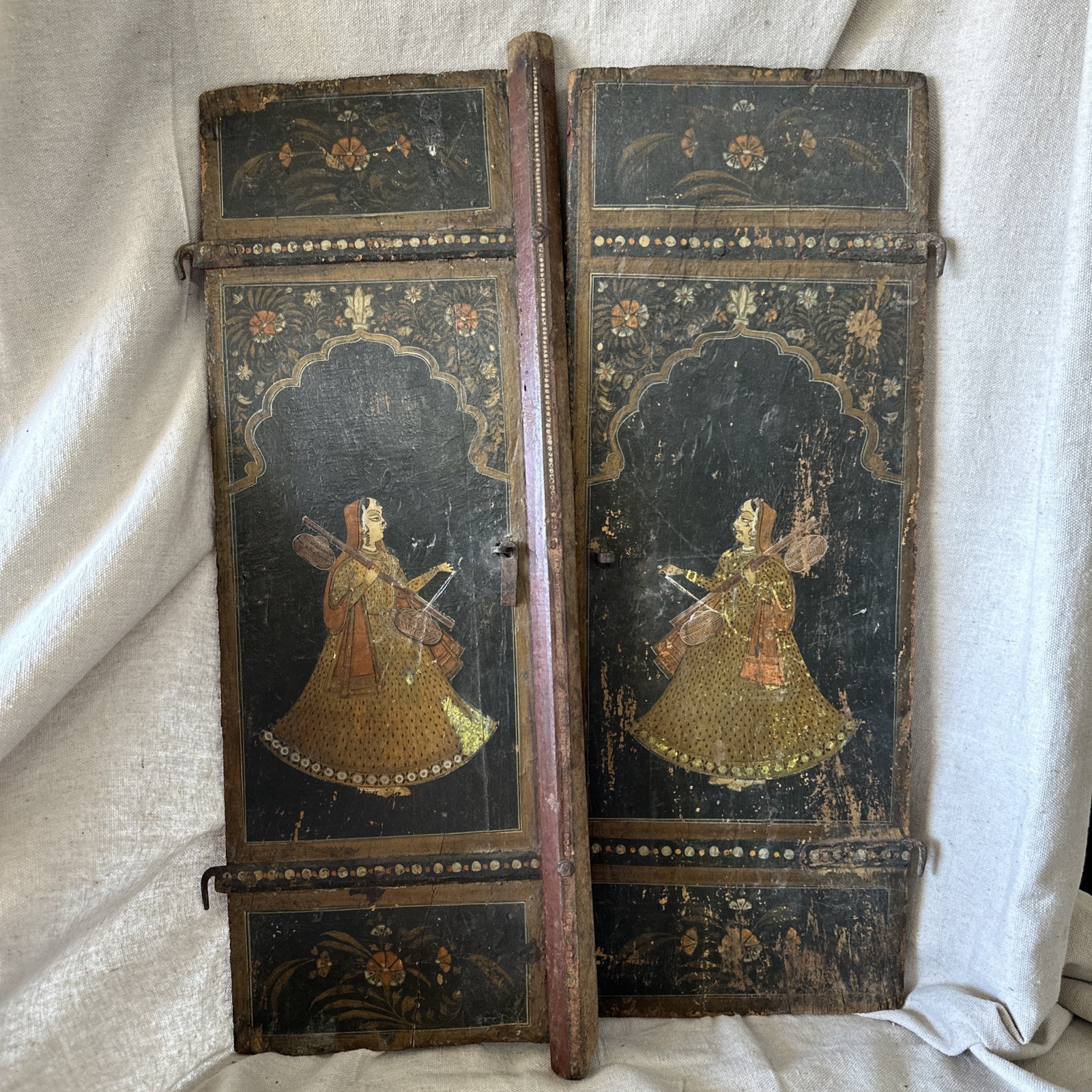 Antique 18th Century India PAINTED WOOD WEDDING SHUTTERS Tabla Sarod BRIDE GROOM
