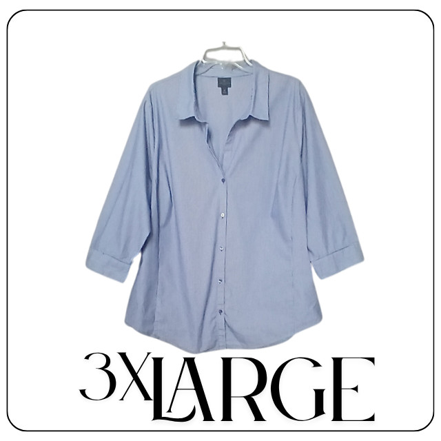 Worthington Shirt Womens 3X Blue Striped Button Up 3/4 Sleeve Stretch Plus Top