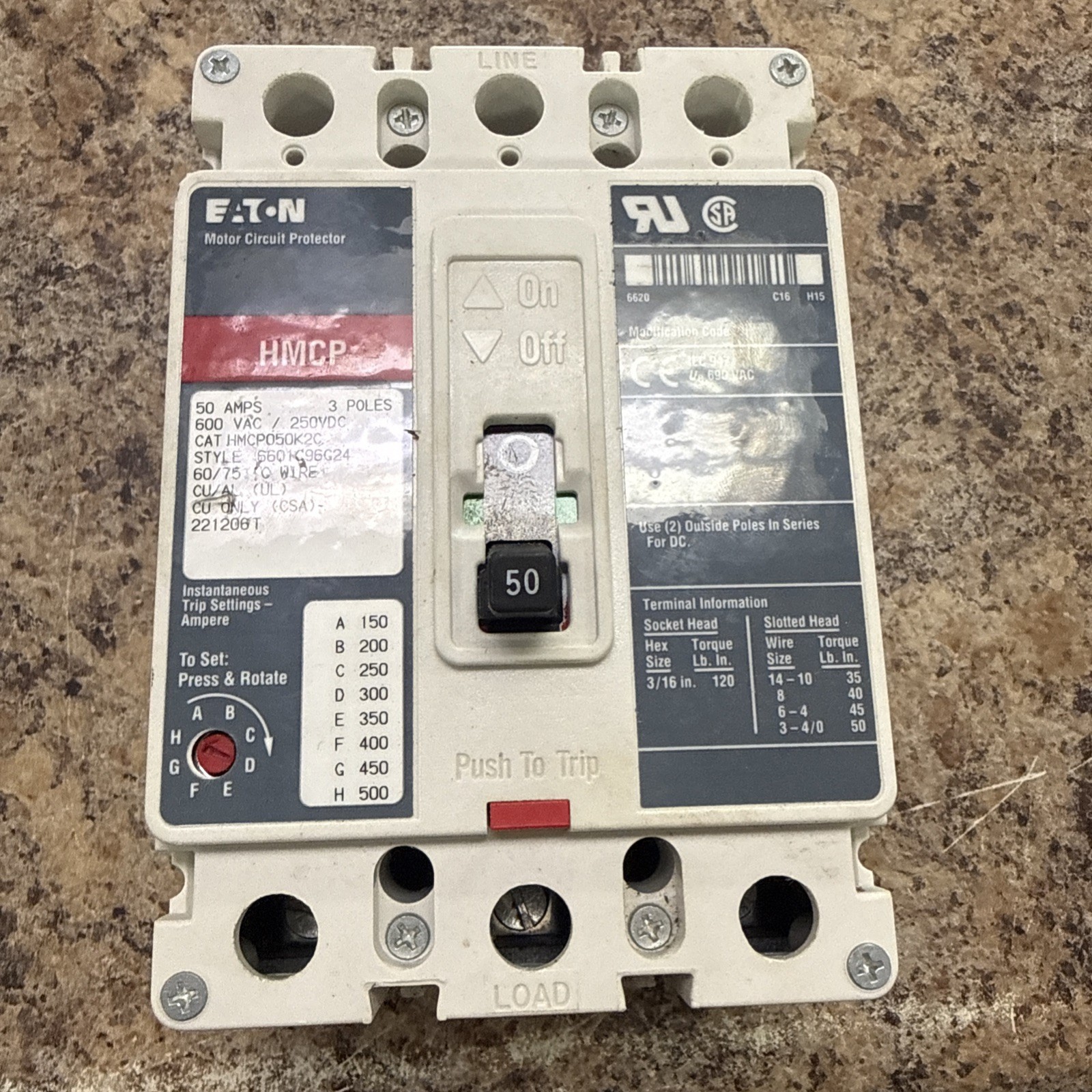 Eaton HMCP050K2C Motor Circuit Protector, 3-Pole, 50 Amp, 600V, Line/Load lugs Eaton HMCP050K2C Motor Circuit Protector, 3-Pole, 50 Amp, 600V, Line/Load lugs