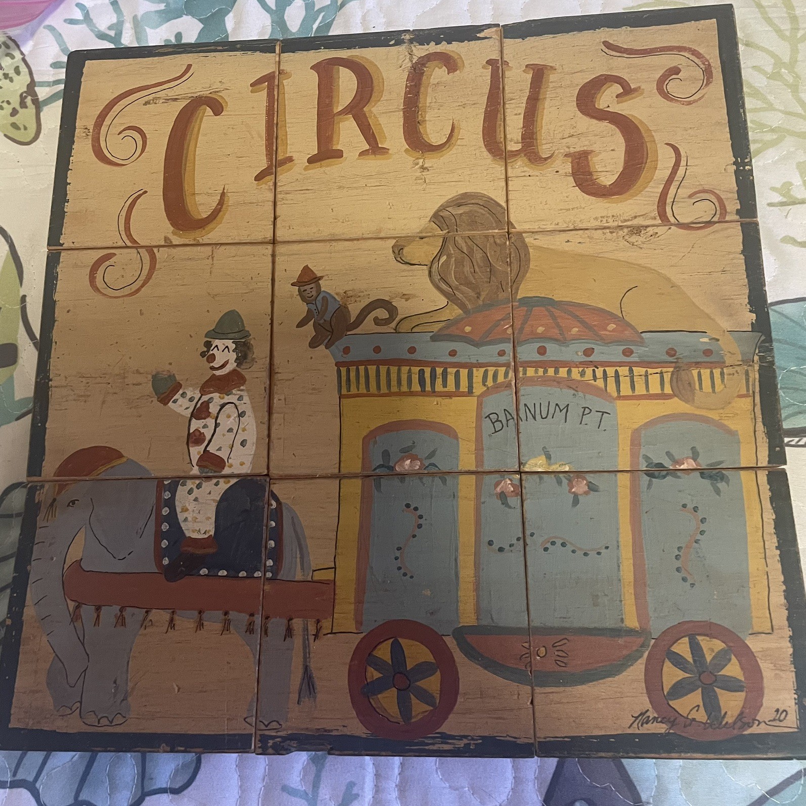 Vintage Folk Art by Nancy G. Wilson reclaimed wood circus blocks  Letter Signed