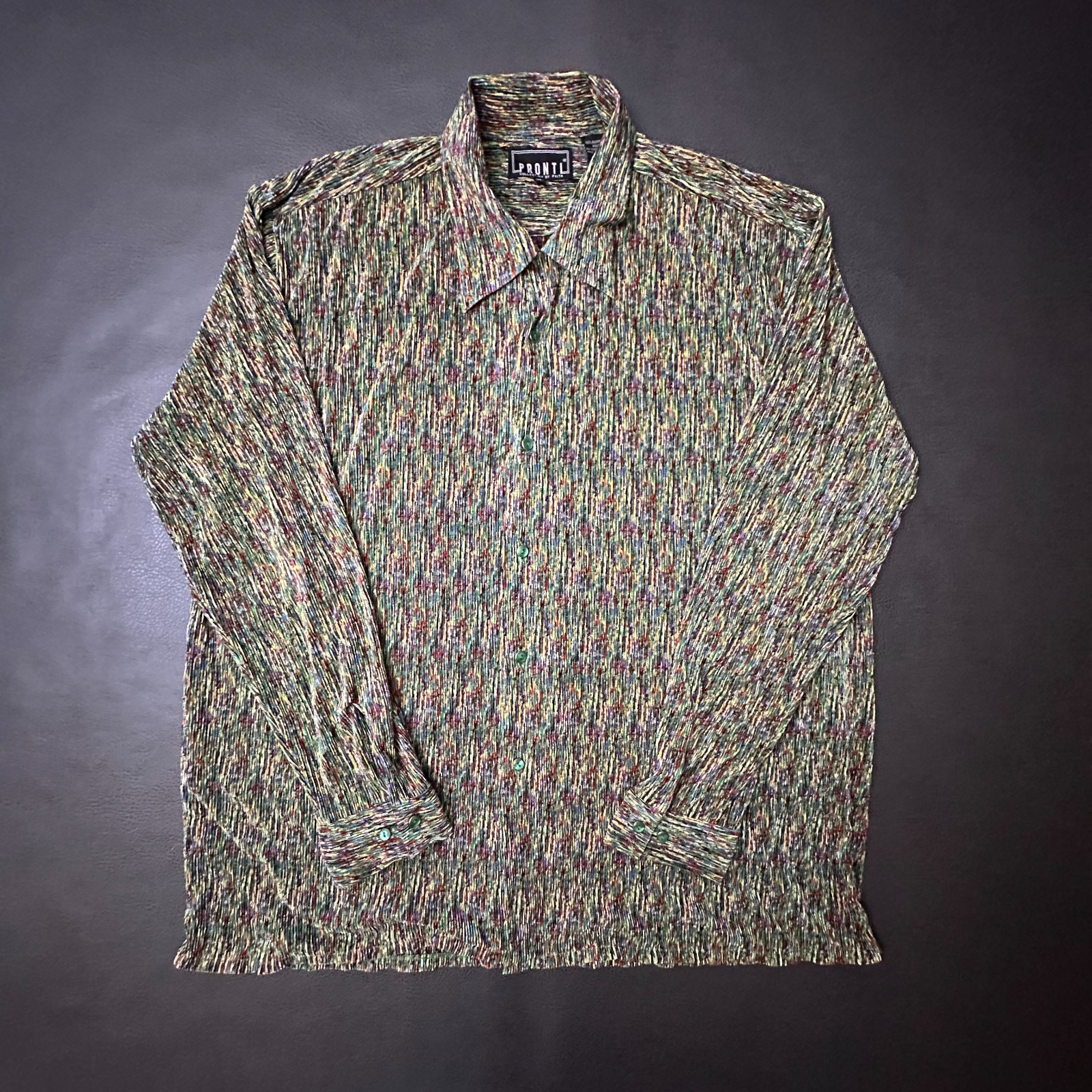 Vtg Pronti Loop Collar Shirt Mens XL Green Ribbed Textured 1990s Disco Flowy Vtg Pronti Loop Collar Shirt Mens XL Green Ribbed Textured 1990s Disco Flowy