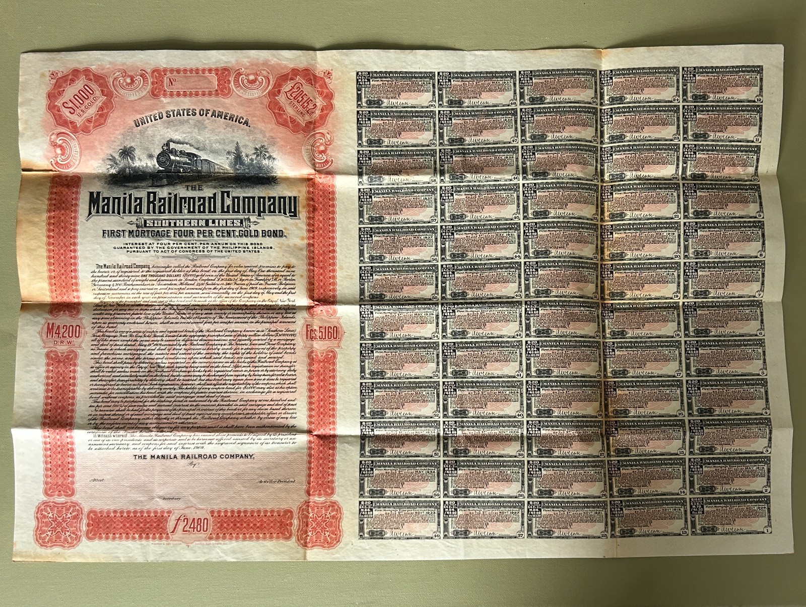 Antique Manila Railroad Company Southern Lines Four Per Cent Gold Bond