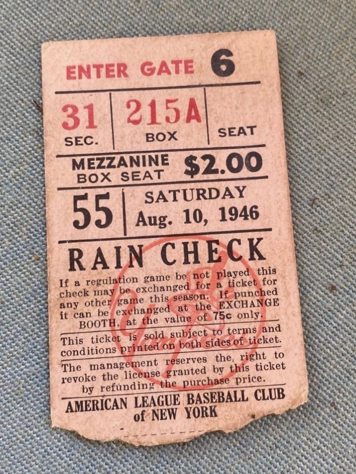 1946 Ted Williams Ticket 2 HR#157-158/31 YR  MVP Boston Red Sox AL Champ 8/10⚾️