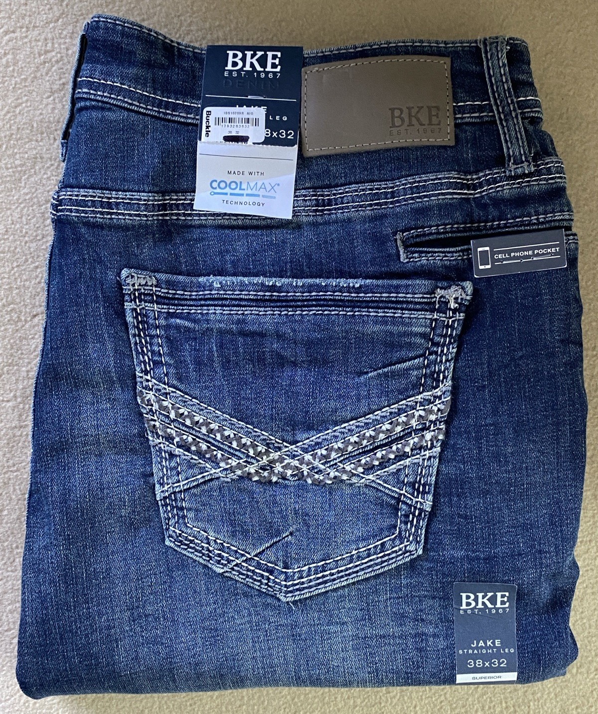 BKE Buckle (38x32 Mens Size) Jake Straight Leg Superior Stretch Denim Blue Jeans