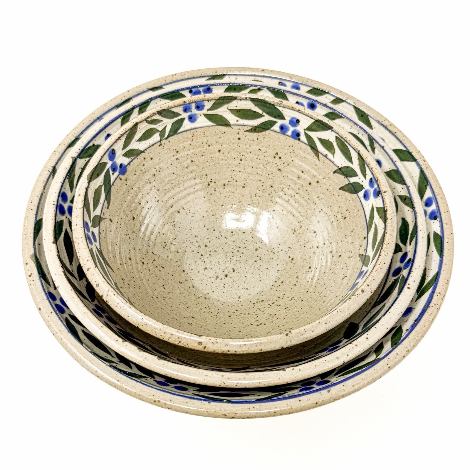 Vintage Studio Pottery Nesting Bowls Set 3 Wheel Thrown Stoneware Blue Berry