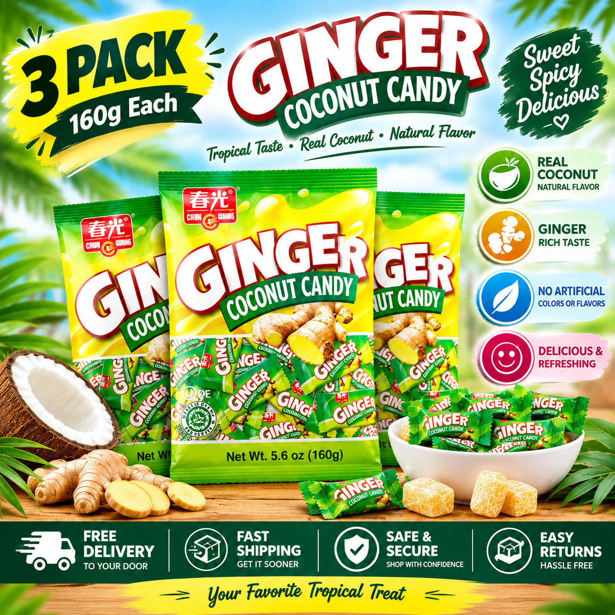 CHUN GUANG Ginger Coconut, Halal Hard Candy,5.6 oz. bag ( Pack of 3 )