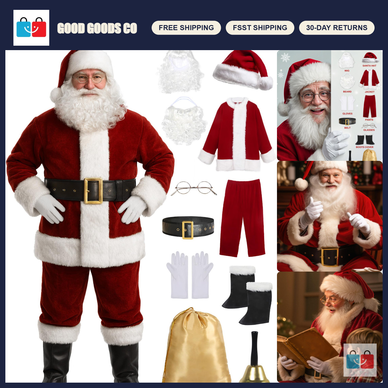 Deluxe 11pc Men's Santa Suit - Professional Christmas Outfit for Adults, Xmas Co