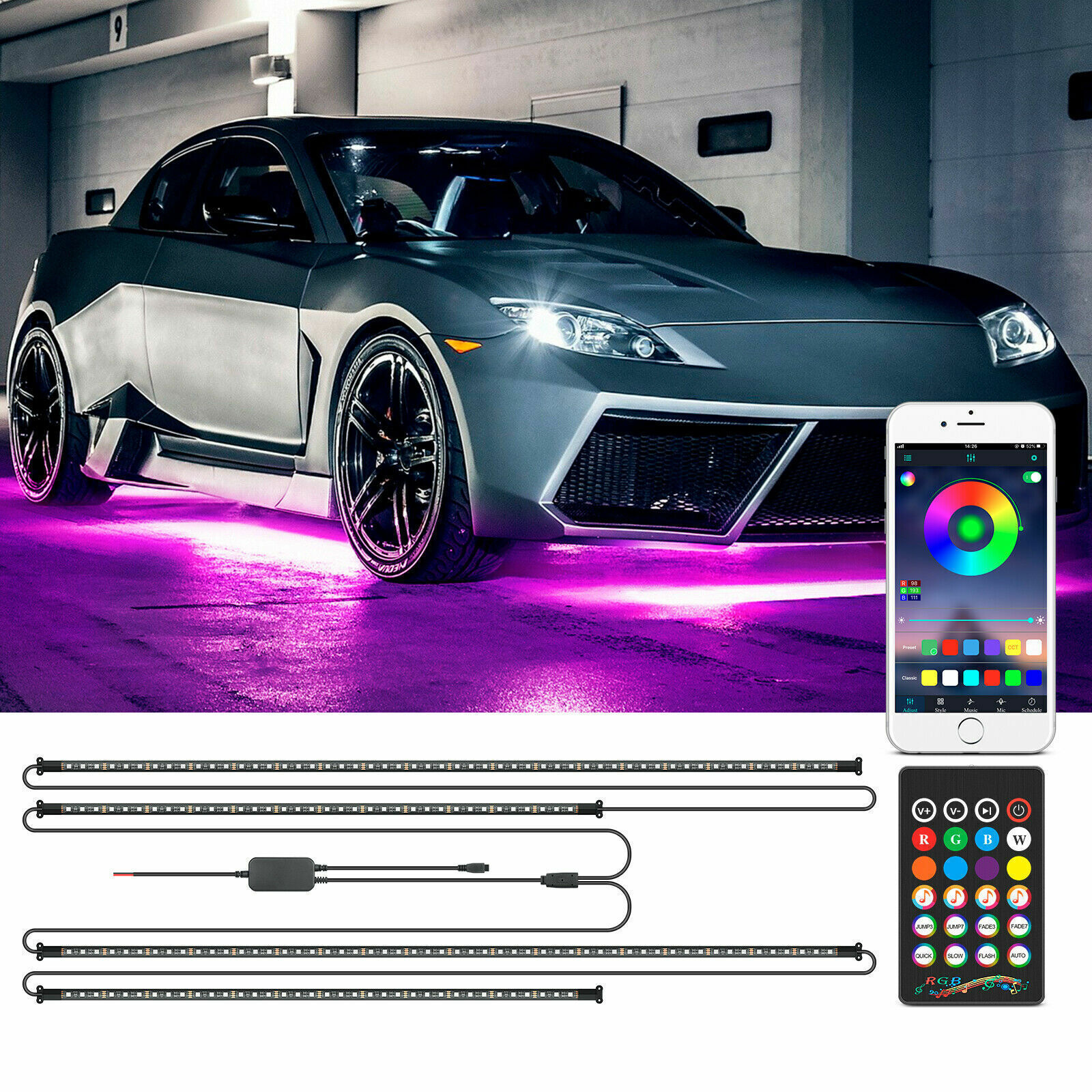 4 pcs RGB LED Strip Under Car Tube Underglow Underbody System Neon Light Kit