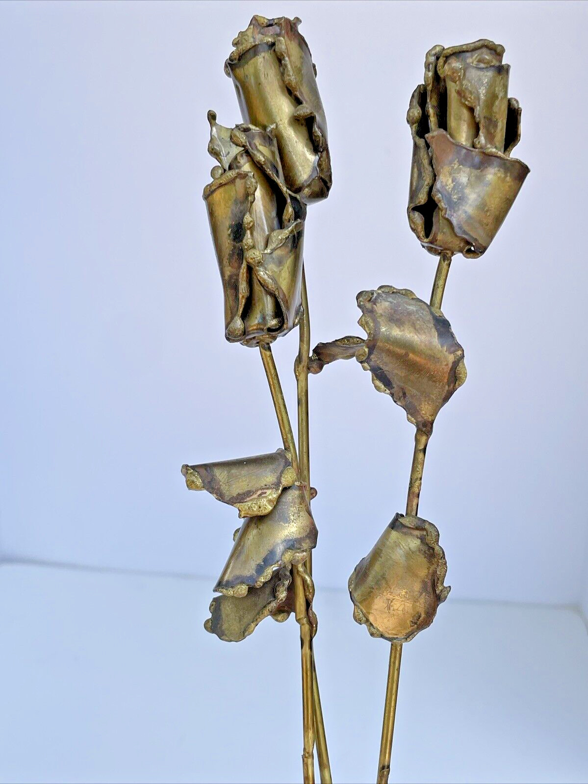 3 Vintage Brass Bronze Long Stem Roses Metal Art Flower Sculpture Brutalist 13”