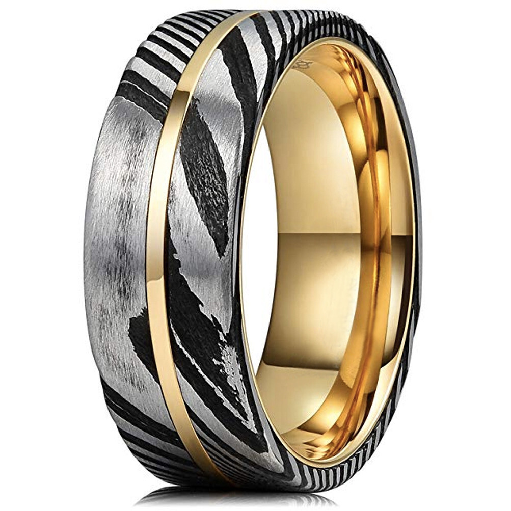 Ebay Wedding Ring Men Women. 8mm Black & Silver Damascus Band w/ Rose Gold Line