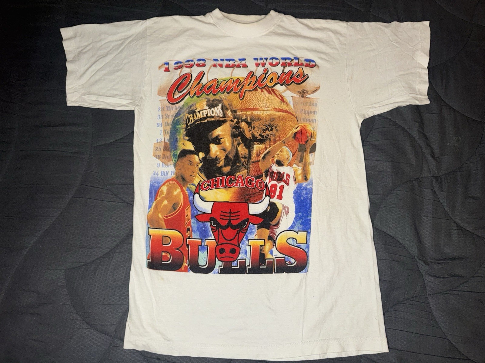 Vintage 90s Chicago Bulls 1998 Champions Rap Tee White T Shirt Size Medium Rare