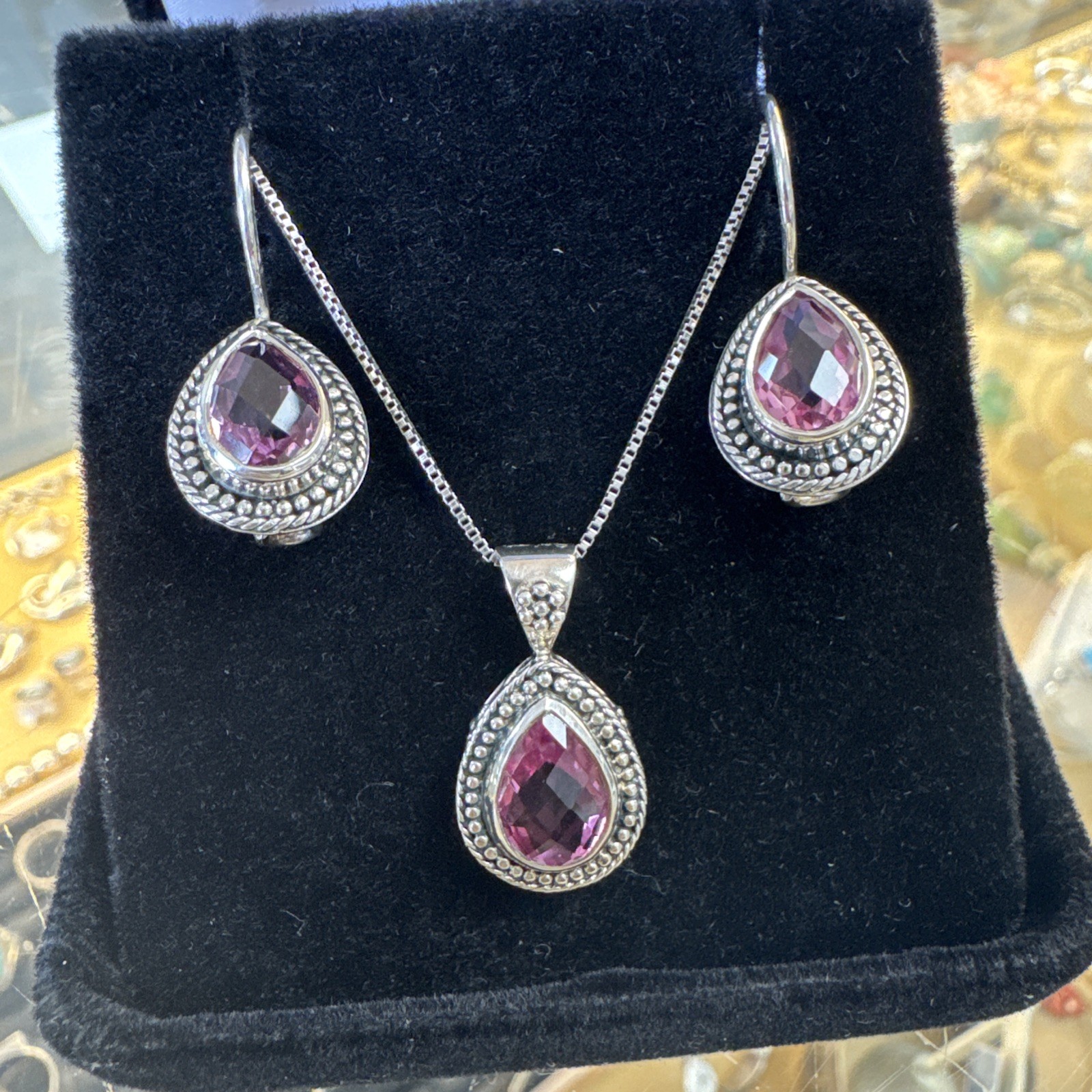 Vintage Sajen Sterling Silver Amethyst Bali Style Earrings & Pendant Set Vintage Sajen Sterling Silver Amethyst Bali Style Earrings & Pendant Set