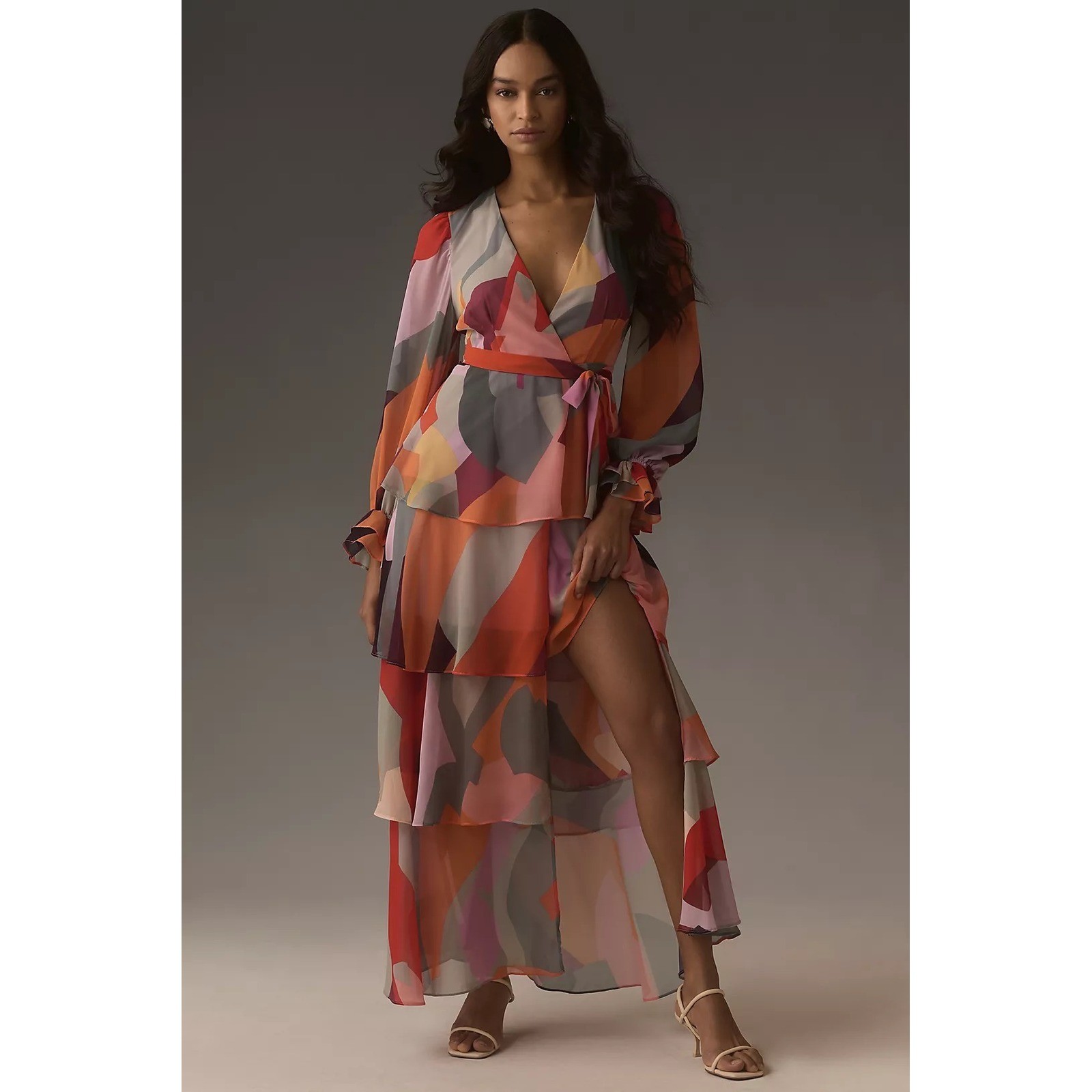 NWT Hutch Long-Sleeve V-Neck Wrap Maxi Dress Size XS Multicolor Geometric Flowy