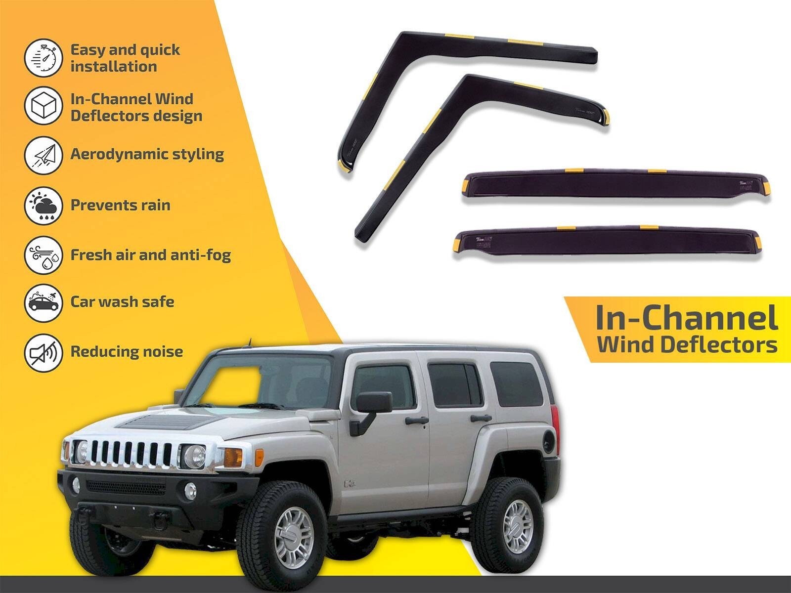 Wind Deflectors In Channel For Hummer H3 2006-2010 4-Pcs Sun Visors Rain Guard